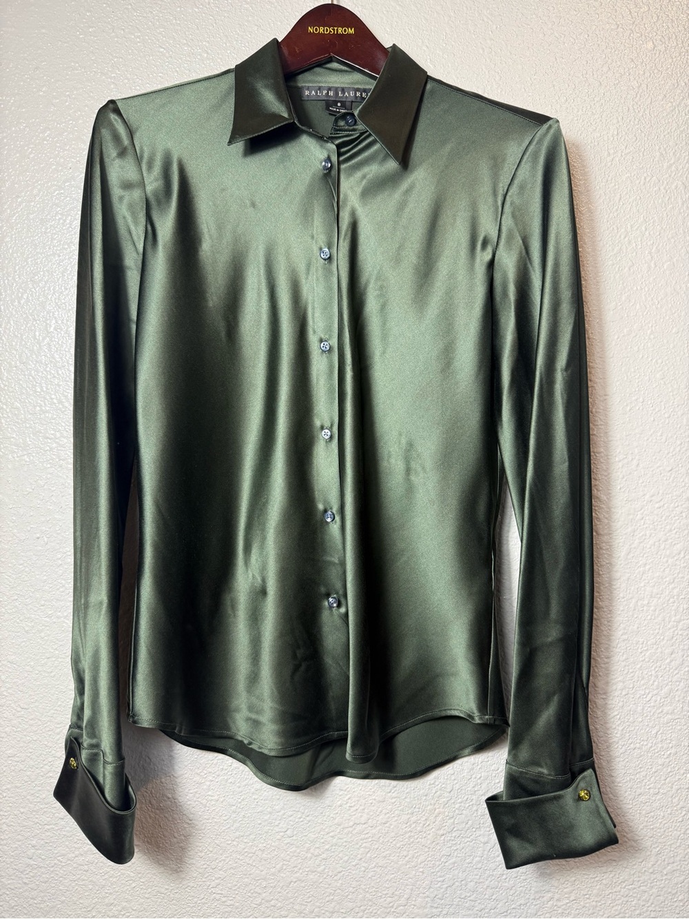 Ralph Lauren Black Label Silk Olive Green Satin French Cuff Button-Up Blouse Sz8
